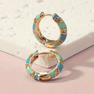 NWTs Gold Tone Green & Blue Enamel Hoop Earrings